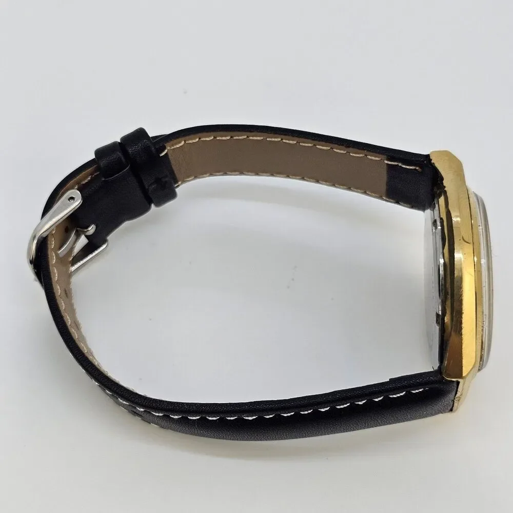 VTG Lorus Men's Watch 36MM Gold Dial DayDate New Black Leather Bands New Battery